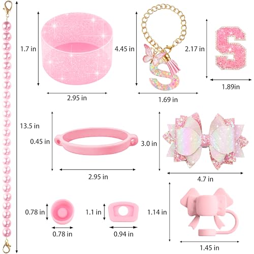 Hpebl 9PCS Pink for Stanley Cup Accessories Set 30/40 Oz Bling Initials Bow Charms for Stanley Decorations Tumbler Accessories Including Bow Straw Topper, Pearl Handle Strap,Spill Stopper(Letter S) - image 3