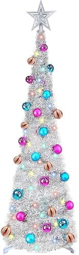 WINOK 5 FT Collapsible Artificial Christmas Tree, Pop Up Christmas Tree Decoration with Color Lights, Tinsel Tree with Star and Baubles for Xmas Holiday Home Decoration (Silver)