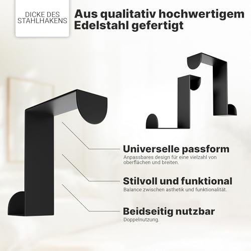 Minismus Türhaken zum Einhängen – Edelstahl Kleiderhaken Tür – Einzeln verwendbare Türgarderobe Haken Garderobenhaken – Aufhängehaken – Einhängehaken 4er Set (Schwarz)