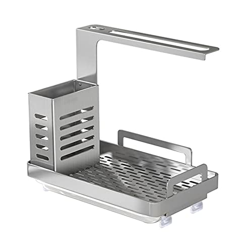 ZHEZHE caoxiaoge Küchenspüle Caddy Organizer Edelstahl Schwamm Seife Bürstenhalter mit Ablauf Pan Premium Küche Trocknung Rack Organizer (Color : Silver) Cover