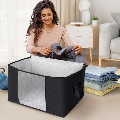 Image of Fab totes 10 Pack Clothes Storage, Foldable Thick Fabric Blanket Storage Bags, Containers for Organizing Bedroom, Closet, Clothing, Comforter,Closet Organization with Handle,Black