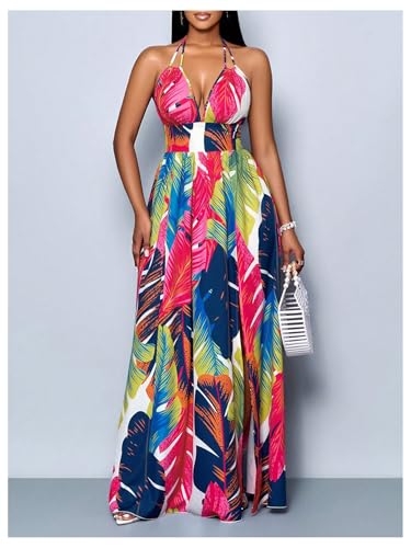 Women's 2025 Summer Halter Dress Tropical Tie Backless Deep V Neck Sleeveless Split Flowy Maxi Dresses4