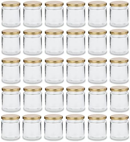 Small Glass Jars, 45ML Glass Mini Jam Jars with Lids Gold Color, 30 pcs Storage Honey Jar Integral Acid and Vinegar Leak Proof Seal for Sweets, Herbs, Breakfast Portion, Fruits Nuts, Spices & Jellies
