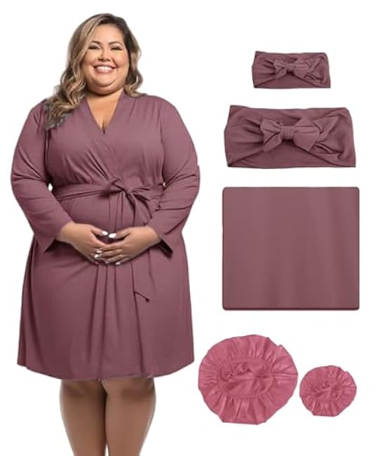 SUFEINI Maternity Robe and Matching Swaddle Blanket Set, Plus Size Women Postpartum Robes Sleepwear New Mommy Gift