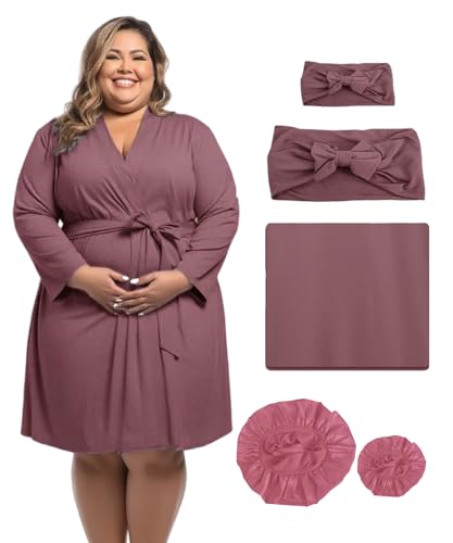 Image of SUFEINI Maternity Robe and Matching Swaddle Blanket Set, Plus Size Women Postpartum Robes Sleepwear New Mommy Gift