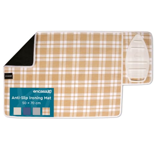 Image of Encasa XO Ironing Mat /Pad (Small 70x50 cm) with Padding, Anti-Slip, Silicone Iron Rest for Steam Press on Tabletop or Bed - Heat Resistant, Portable Travel Friendly - Franca Beige Checks