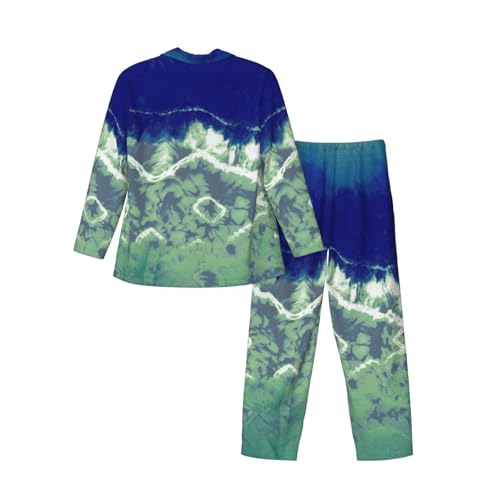 Blue And Green Tie-Dye Mens Pajamas Set Button Down Sleepwear Set Long Sleeve Loungewear With Pockets4