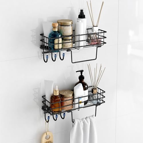 Image of Plantex Self Adhesive Bathroom Shelf /GI Steel Bathroom Shelf with Hook and Napkin Holder /Bathroom Organizer Without Drill /Bathroom Accessories- Pack of 2 (Black)