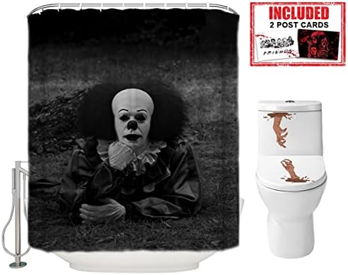 Halloween Shower Curtain Set for Bathroom- IT Pennywise The Clown Scary Killer, Horror Movie Themed Holiday Polyester Decoration with Hooks and Toilet Stickers, 2 Postcards, Party Decor Gift 72x72