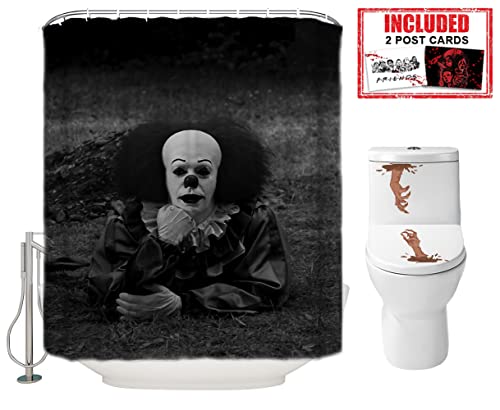 Halloween Shower Curtain Set For Bathroom- It Pennywise The Clown Scary Killer, Horror Movie Themed Holiday Polyester Decoration With Hooks And Toilet Stickers, 2 Postcards, Party Decor Gift 72X72 #TOP2
