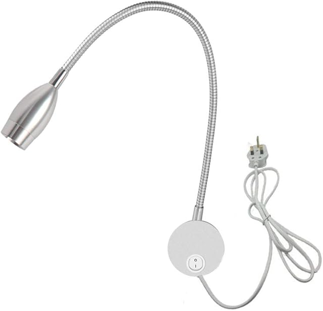 Youngine 3W Reading Lamp, Flexible Bedside LED Reading Light with Switch and Plug Wired, Bedroom Living Room Gooseneck Wall Lamp Light for Bedroom Office Hotel, 6000K (Silver Cool White)
