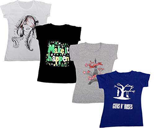 Image of indi weaves Girls Pure Cotton Chest Printed Half Sleeves Round Neck T-Shirts (Pack of 4)
