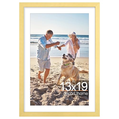 decorUhome 13x19 Picture Frame, Display Pictures 11x17 with Mat or 13x19 without Mat, Wall Mounting Photo Frame, Gold, 1 Pack