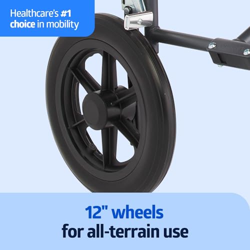 Medline Durable Folding Steel Transport Wheelchair with 12-Inch Wheels, 19-Inch Seat Width, Gray Frame, Microban, Teal Upholstery by Medline - Image 2