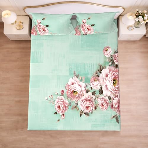 Image of Cloth Fusion Glace Cotton Elastic Fitted Bedsheet Queen Size for Double Bed with 2 Pillow Covers (78X60 inches, Rose Lagoon