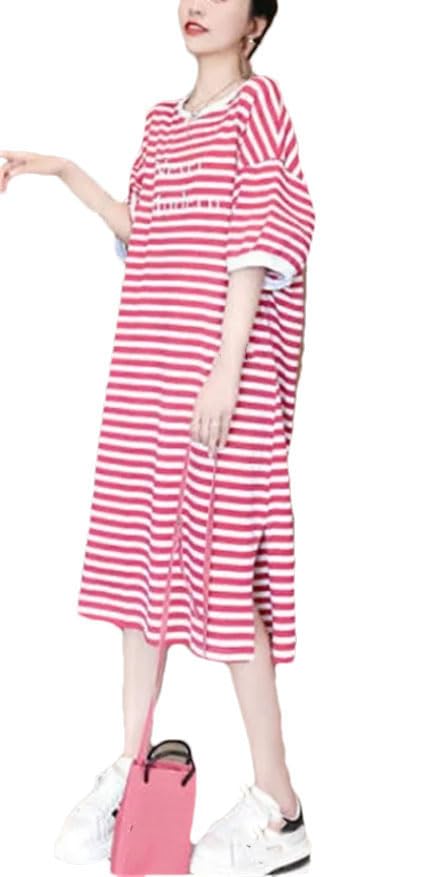 Damen Lose Casual Umstandsmode Streifen T-Shirt Langes Kleid Kurzarm Umstandskleider, Rew, XXL