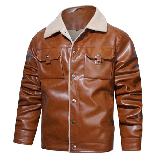Men's Faux Leather Sherpa Lined Trucker Jacket Collar Winter Warm Coats Multi Pocket3