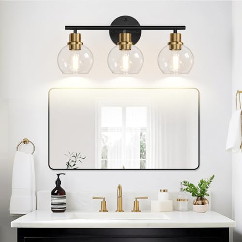 Image of Indoi 3-Light Bathroom Light Fixtures, Black and Gold Bathroom Lights Over Mirror with Clear Glass Globe Shade, Vanity Lights for Bathroom Kitchen Living Room Hallway Cabinet Bedroom Porch