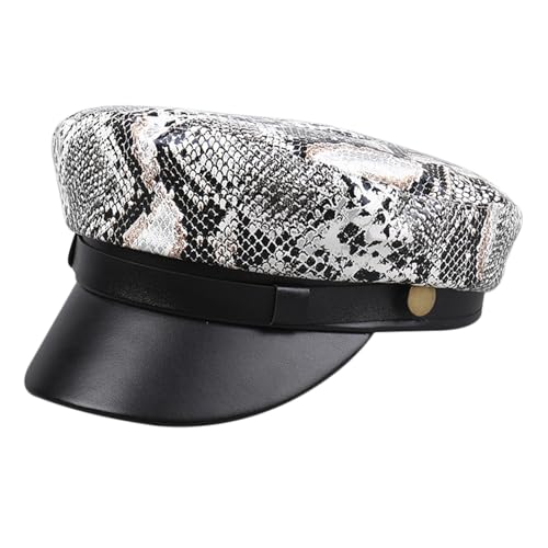 Women Snakeskin Yacht Captain Sailor Hat Halloween Cosplay Dancing Hip-Hop PU Newsboy Cabbie Baker Boy Peaked Cap Pageboy Hat Black