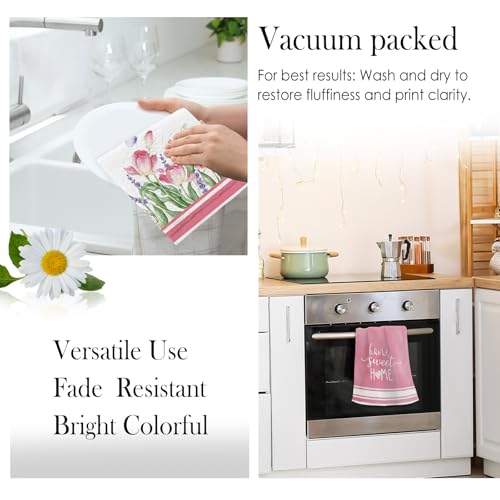 Image of Summer Pink Tulips Floral Kitchen Towels, Lavender Dish Towels Set of 2, Spring Butterfly Flowers 18 x 26 Inch Hand Towel Quick Drying Dishcloth Decor for Kitchen Bathroom Home