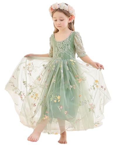 Flower Girl Dress Floral Embroidered Tulle/Lace Dresses for Wedding Garden Party Girl's Fairy Dresses