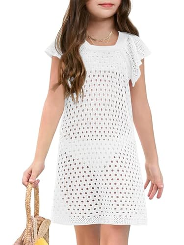 Girls Crochet Short Sleeve Swimsuits Solid Swim Kids Swimwear Beachwear Cover Up Tops