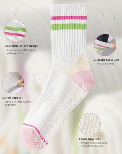 Yawlsow Pilates Grip Socks for Women Yoga Grippy Striped Color-block Non Slip Socks Sticky Barre Workout Sock with Grippers2