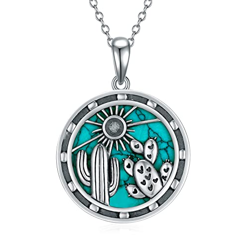 TYSO Western Necklace 925 Sterling Silver Cactus/Bull/Lightning Bolt/Horseshoe Turquoise Country Pendant Jewelry Gift for Women
