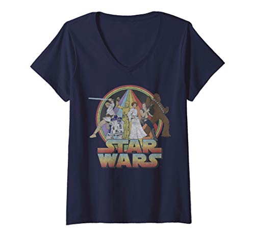 Womens star wars rainbow group shot vintage poster v-neck t-shirt