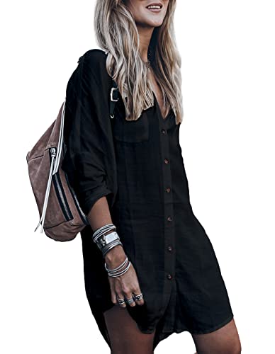 Image of Women's Swimsuit Cover up,Silky Button Down Shirt Midi Dress Kimono,Summer Bathing Suit Beach Coverups for Women (CP-Aline)