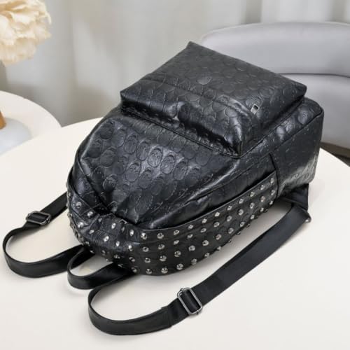 Image of Women Punk Rivets Backpack Skull Printed Daypack Purse PU Leather Shoulder Bags Satchel (Skull)