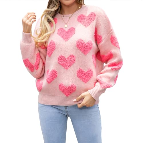 Image of Women's Valentine Love Print Heart Fun Sweater Casual Crewneck Long Sleeve Knit Sweatshirts Pullover Tops