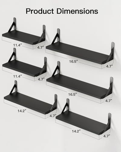 Image of AMADA HOMEFURNISHING Wall Shelves Set of 6, Wood Floating Shelves for Decor, Rustic Farmhouse for Bedroom, Bathroom Storage, Book Shelves for Living Room, Black