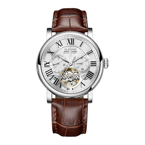 GLENAW Reloj automático Tourbillon vintage para hombre, correa de cuero negro, esfera romana esqueleto, calendario de día, fecha, resistente al agua hasta 30 ATM, manecillas luminosas, reloj clásico y