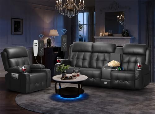 Image of Recliner Sofa Set, Home Theater Seating with Massage, Loveseat Recliner Couch and Recliner Single Chair with USB, Wall Hugger Reclining Movie Theater Chair with Cup Holders, Drawer for Gaming Room
