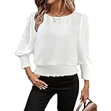 Banded Bottom Tops for Women Smocked Tops Elastic Cinched Waist Top Dressy Blouse Long Sleeve Casual Outfits Clothes White-L
