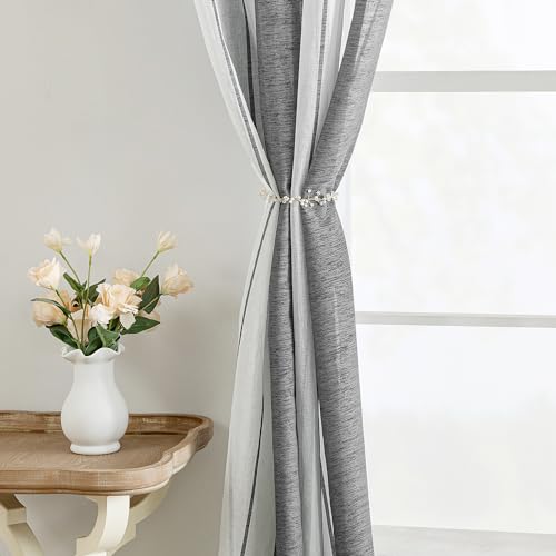 EMEMA Striped Curtains Transparent Voile Living Room Modern Set of 2 Curtains Bedroom Semi-Transparent Stripes 140 x 215 cm White and Grey - Image 4