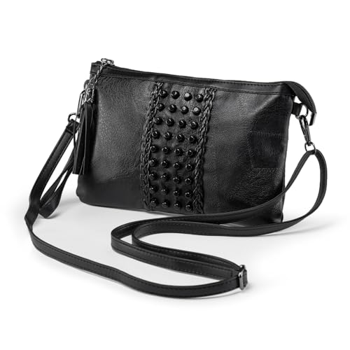 LaRechor Petit Sac Bandoulière Femme, Sac à Main en Cuir Souple - Pochettes et Clutches Femme avec Sangle et Bracelet - Sac de Frange Clous (Noir)