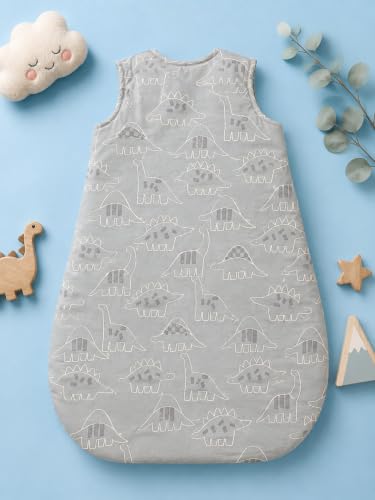 Image of TuddyBuddy Baby Cotton Wearable Quilted Sleeping Bag Blanket 1.5 Tog with 1 Way Zipper Closure | Ideal for Babies & Kids Hypoallergenic Fabrics | (Dino AOP - Grey, 18-24 Months)