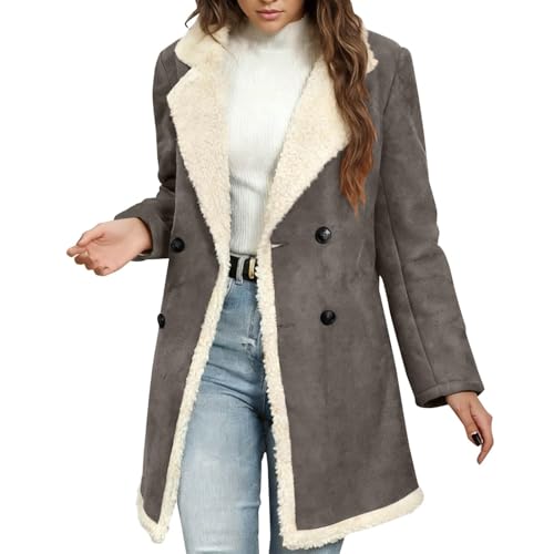Manteau double boutonnage daim synthétique col cranté chaud femme
