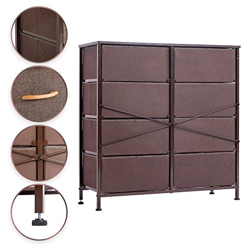 WAYTRIM 4-Tier Wide Drawer Dresser, Storage Unit with 8 Easy Pull Fabric Drawers and Metal Frame, Wood Top, Organizer Unit for Bedroom, Hallway, Entryway, Closets, 31.5 x 11.81 x 32.12 Inches - Brown