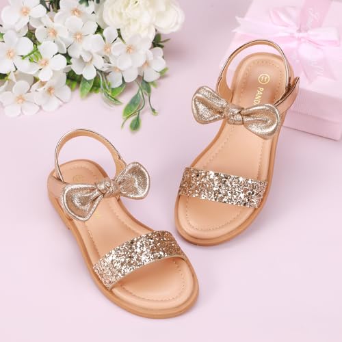 Image of PANDANINJIA Girls Sandals Open Toe Summer Flats Dress Shoes | Toddler /Little /Big Kid, Flower Girl, Lightweight Cushioned, Hook and Loop, Breathable Insole, Wedding, Party