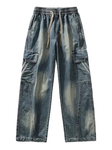 Men Summer Cargo Jeans with Pockets Lightweight Wide Leg Baggy Denim Pants Loose Straight Fit Trousers