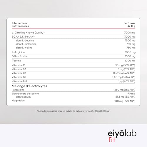 Pre Workout sans Caféine ni Créatine | Citrulline Kyowa et BCAA instantanés | Électrolytes pour Hydratation Optimale | L-Arginine + Bêta Alanine & Taurine | 300g de Poudre Fraise Citron | Eiyolab – Image 7