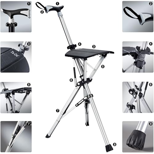 Ta-Da Chair - Walking Stick with Seat, Ultra-Light Aluminium Frame & Sturdy Foldable Stool (up to 110kg), Collapsable Folding Design, Ideal for Travel & Sightseeing - Black, 88 cm