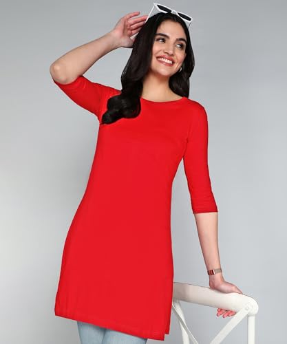 Image of FLEXIMAA Women's Cotton Plain Round Neck 3 /4 Sleeve Long Top