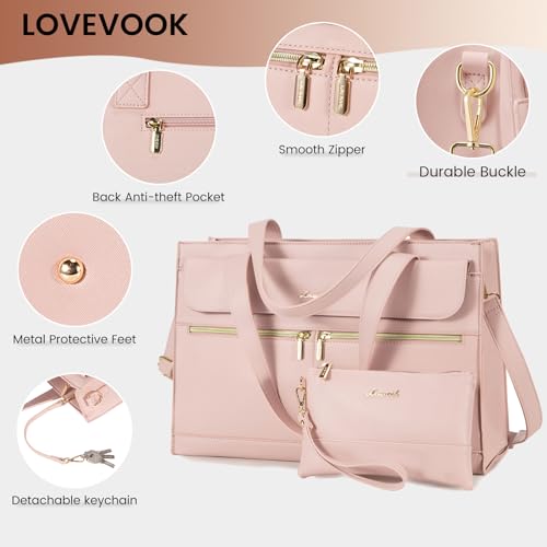 Image of LOVEVOOK Laptop Bag for Women 15.6 Inch Laptop Tote Work Professional Leather Computer Briefcase Waterproof Handbag Shoulder Large Capacity Business Teacher Office Bag Crossbody Purse,Pink