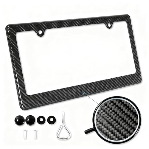 Real Carbon Fiber License Plate Frame 2 Holes 1Pcs 100% Carbon Fiber Black Cool Slim Edge License Plate Frames High Gloss Finish License Plate Holder with Mounting Tools for US CAN Cars 1PCS