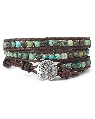 Boho Bracelets for Women,Inspirational Tree of Life Leather Bracelets Handmade Natural Stone Crystal Bead Wrap Bracelets Collection Wrist Jewelry Gifts for Teen Girls
