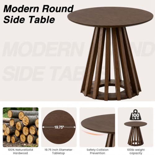 Image of HNY Round Fluted End Table, 19.7 inch Modern Black Side Table, Mid Century Wood Circle Bedside Tables Drink Table Nightstand for Bedroom, Living Room, Small Space, Walnut